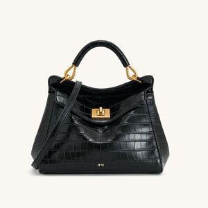 JW PEI Black Croc-Embossed Satchel with Gold Accents